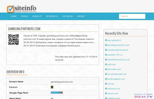                         gambling-partners.com Website - Партнерская программа Gambling Partners                                                                          Toggle navigation                  Home     Whois     Check IP     Reverse IP     Keyword     Widget                                       gambling-partners.com            Проекты FAQ Тарифы gambling.partners.com affiliate@gambling-partners.com Конвертируем ваш трафик в деньги! Последние новости 20-04-2016 Добавлены новые лендинги по мотивам всеми известного… 20-01-2016 Проблема блокировки оффера ReelEmperor ... ...                        This data was last updated from 31-10-2016 12:22:00                    Overview Info         Domain Name   gambling-partners.com   Favicon       Google Page Rank       Alexa Rank   #0   Page Size   11.1 KB   Ip Address   104.27.135.67   Heading      H1   H2   H3   H4   H5   H6   2   0   0   0   0   0    Images   0 GIF, 7 JPG, 7 PNG        Website Meta Analysis          Title   Партнерская программа Gambling Partners   Meta Keyword     Meta Description   Проекты FAQ Тарифы gambling.partners.com affiliate@gambling-partners.com Конвертируем ваш трафик в деньги! Последние новости 20-04-2016 Добавлены новые лендинги по мотивам всеми известного… 20-01-2016 Проблема блокировки оффера ReelEmperor ...        Technical Analysis               Technical Info       Http Header       Whois              Webserver   cloudflare-nginx   Ip Address   104.27.135.67   Domain Age        Javascript Library   jquery   Language used   HTML, CSS, Javascript        Hyper Text Transfer Protocol (HTTP) header show data header response from ninodezign.com.  HTML Analysis   date: Mon, 31 Oct 2016 00:22:03 GMT  content-type: text/html  content-length: 3364  connection: keep-alive  x-powered-by: PHP/5.5.9-1ubuntu4.17  expires: Thu, 19 Nov 1981 08:52:00 GMT  cache-control: no-store, no-cache, must-revalidate, post-check=0, pre-check=0  pragma: no-cache  vary: Accept-Encoding  content-encoding: gzip  server: cloudflare-nginx  cf-ray: 2fa2f34ea7bc54da-ORD      No data whois for gambling-partners.com        IP 104.27.135.67 Analysis               IP Location       Whois IP       Site Same IP                  Country Code     Country Code3     Country Name     City     Continent Code     Latitude     Longitude                 No whois ip data for 104.27.135.67          gambling-partners.com          In Page Analysis             Outbound Links       Analytics Link        gambling-partners.com has 7 outlinks. The relation of external links to inner links influences the distribution of the site's weight in general. To grow the amount of indexed pages, there should be more inner links than external links.    Outbound Links     gambling-partners.com   searchengines.guru   webmasters.ru   www.maultalk.com   forum.antichat.ru   www.sbup.com   www.cy-pr.com           Google Adsense Id  UA-58988380     Site Same Analytic    (View more)     gambling-partners.com           Traffic Analysis    Magestic Backlinks        Daily Ranks       Rank Trend       Visitor Trend     Bounce Trend           HTML Analysis             Validate Info            HTML validation  0 Errors 0 Warnings    Ratio Text/Html  0.6174508426966292                 Visitor Analysis    Daily Visitor  0 visits                         Recently Site View      gambling-partners.com    powdertechcorby.co.uk    bhinneka.com    profitmagazin.com    cort.as    entrena-tu.es    zssem.com    vestismi.com    denverartmuseum.org    davisedge.com    creativedigitalsigns.net    stadtkapelle-radstadt.at    yfaere.com.cn    3hospital.ru    7178388.com    jackganzconsulting.net    web-cam-porno.com    freesex-cam.com    girls-web-cam.com    ovs.by      Recently Site Update      7178388.com    zerosottozero.it    sq11.info    farmaciaargentina32.es    38883988.com    tjcszl.com    iffrigging.it    warmup-surf.com    nyemon.com    allreddit.com    generalni.com.pl    9358688.com    surfersingles.com    gpsw.ru    weimi8.cn    vienthongbinhduong.org    3b170l33.cn                 About FreeNetTools.net            About Us         Contact Us         Privacy Policy         Directory         Site Features          Check Whois     Check Ip     Reverse Ip     Keyword Ranking       Hot Links          FreeWebInfo.net     SiteInfo.Us     Showsite.org     Warrank.com      Free Net Tools © 2011 All rights reserved.              