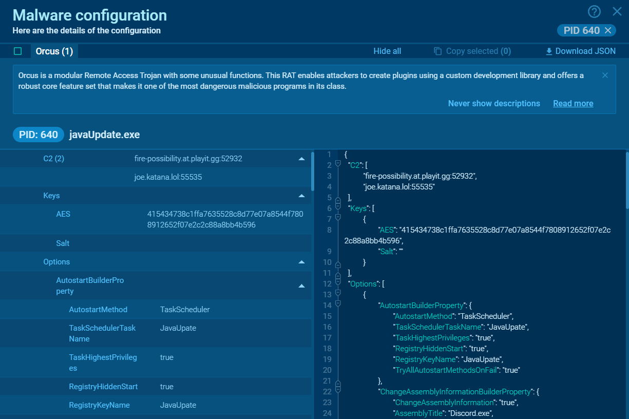 Decrypted Orcus RAT configuration shown in ANY.RUN interactive sandbox
