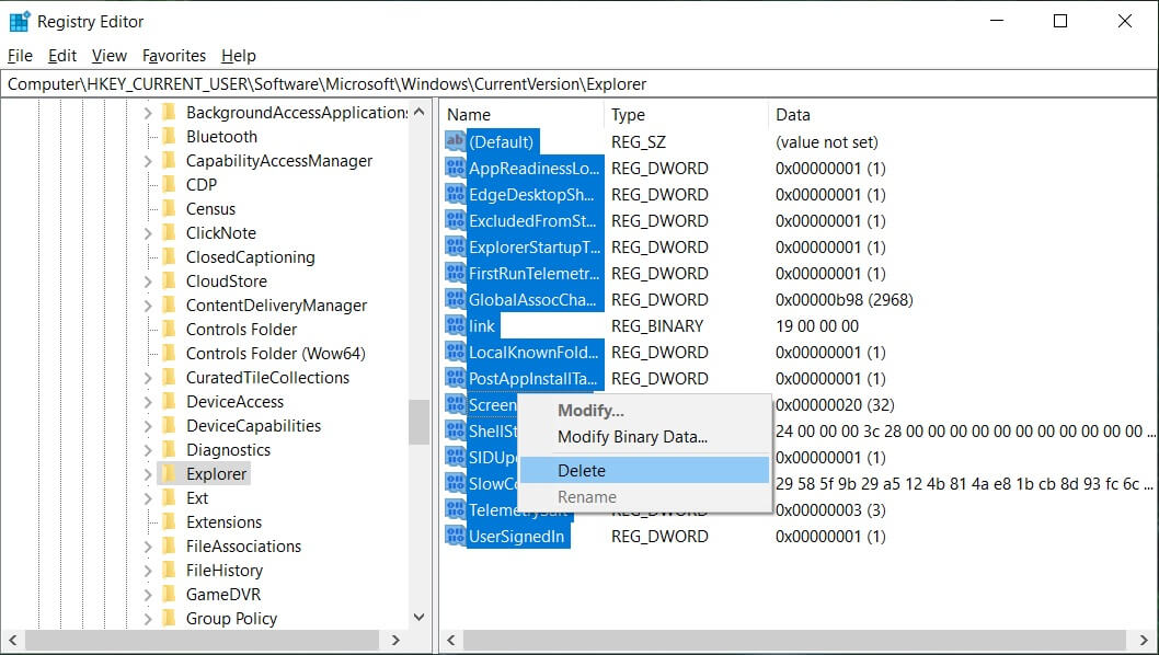 Klikněte na něj pravým tlačítkem a vyberte Smazat |  Opravte chybějící systémové ikony na hlavním panelu Windows