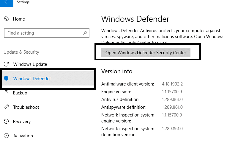 Na levém panelu musíte kliknout na Windows Defender