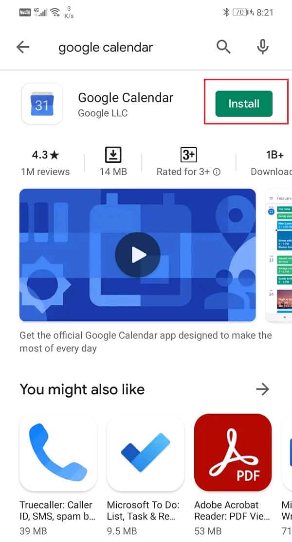 เปิด Play Store ค้นหา Google Calendar และติดตั้ง