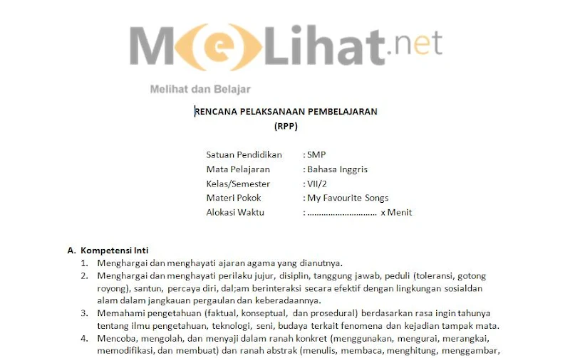 RPP Bahasa Inggris SMP-MTs Kurikulum 2013 Kelas VII-7 Terbaru