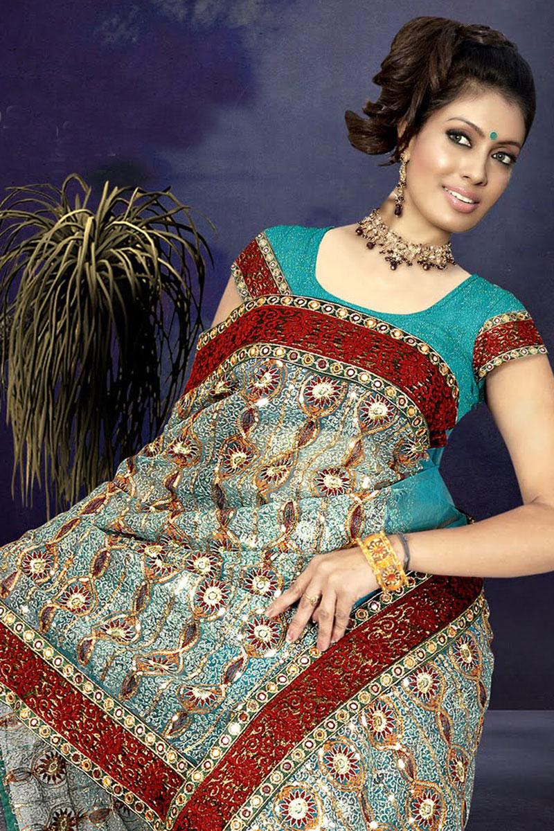 Sky Blue Wedding and Festival Net Embroidered Saree   45.54