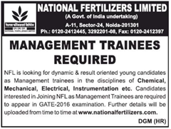 National Fertilizers GATE 2016 indgovtjobs