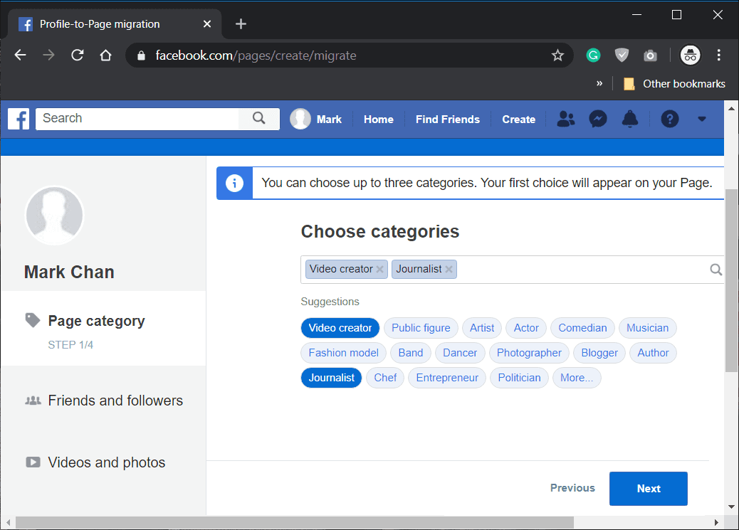 Nel passaggio Categoria di pagina, scegli le categorie per la tua pagina aziendale