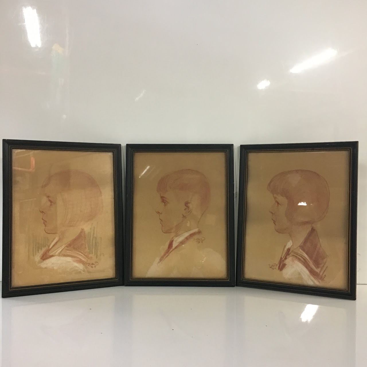 1930's Signed Chalk Drawing Trio