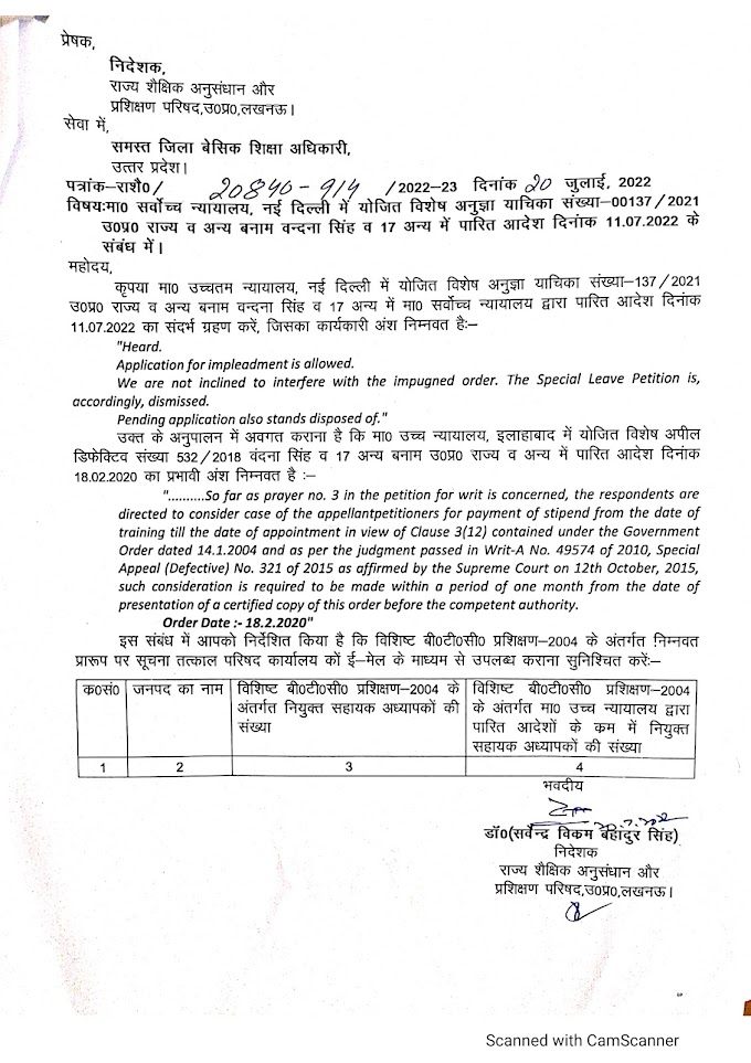 कोर्ट ऑर्डर के अनुपालन में विशिष्ट बी०टी०सी० प्रशिक्षण- 2004 के अंतर्गत निम्नवत प्रारूप पर सूचना तत्काल परिषद कार्यालय को ई-मेल के माध्यम से उपलब्ध कराये जाने के सम्बन्ध में।