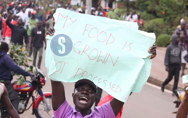 A man in Kisumu holding a placard during Saba Saba procession in Kisumu on July 7, 2023.