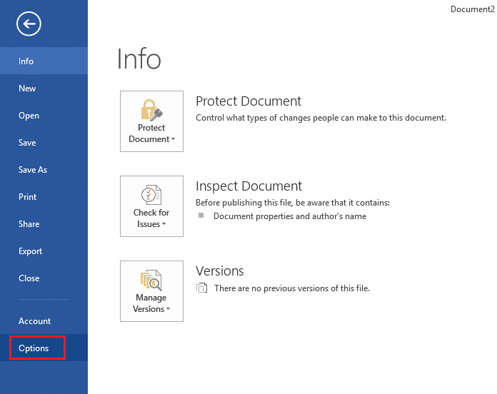 En MS Word, vaya a la sección Archivo y luego seleccione Opciones