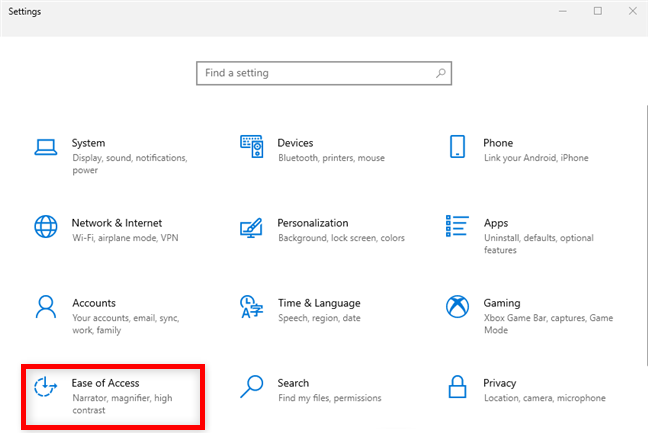 Accédez à la facilité d'accès dans les paramètres de Windows 10