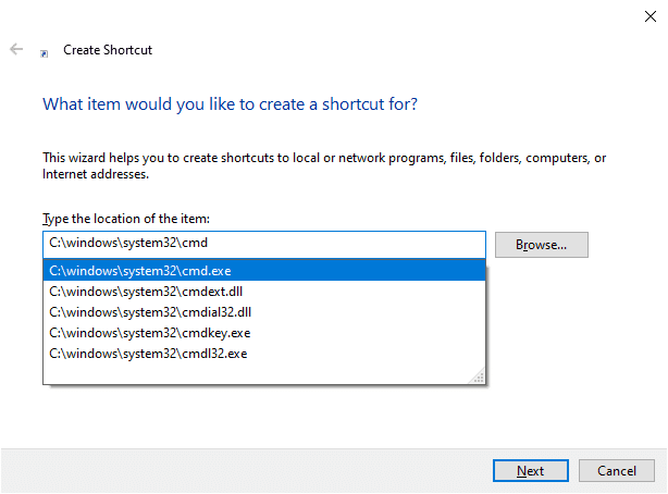 Kies C:windowssystem32cmd.exe in het vervolgkeuzemenu.  Fix Opdrachtprompt verschijnt en verdwijnt vervolgens in Windows 10