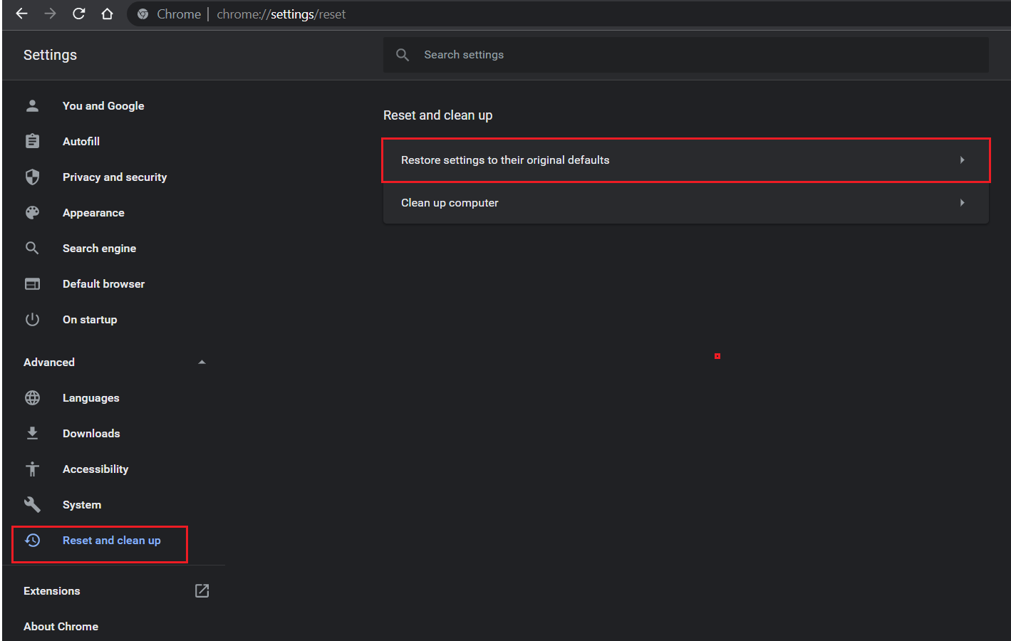 seleccione Restablecer y limpiar y haga clic en Restaurar la configuración a sus valores predeterminados originales en Configuración de Chrome.  Cómo quitar Bing de Chrome