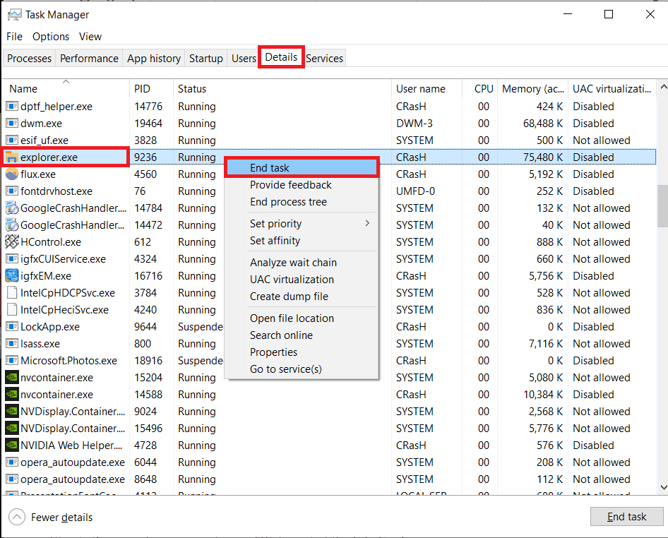 Faites un clic droit sur explorer.exe et sélectionnez Fin de tâche