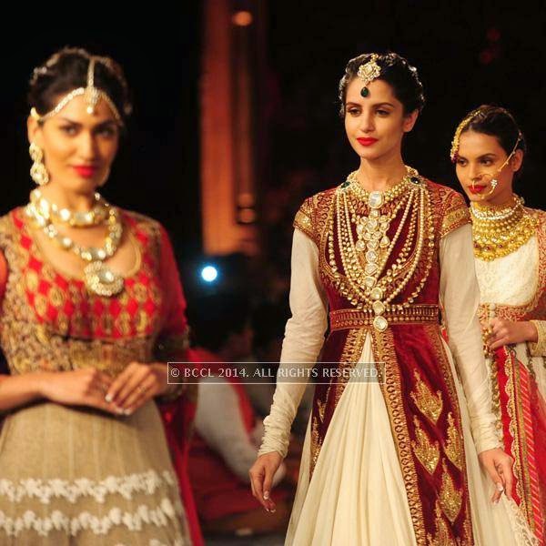 fbb Femina Miss India winners Jhataleka Malhotra , Koyal Rana and Gail DaSilva walk the ramp for Shree Raj Mahal Jewellers on Day 6 of India Couture Week, 2014, held at Taj Palace hotel, New Delhi.