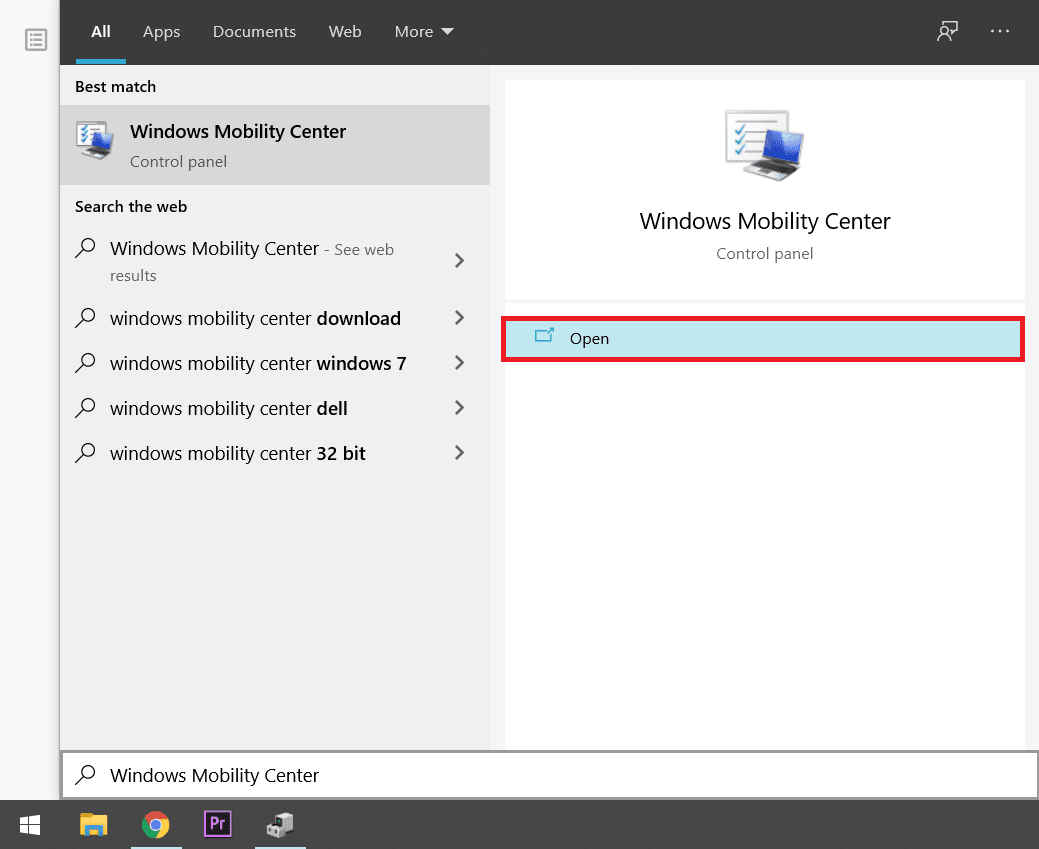 Tapez Windows Mobility Center dans la barre de recherche et cliquez sur Ouvrir |  Réparer Les touches de fonction ne fonctionnent pas dans Windows 10