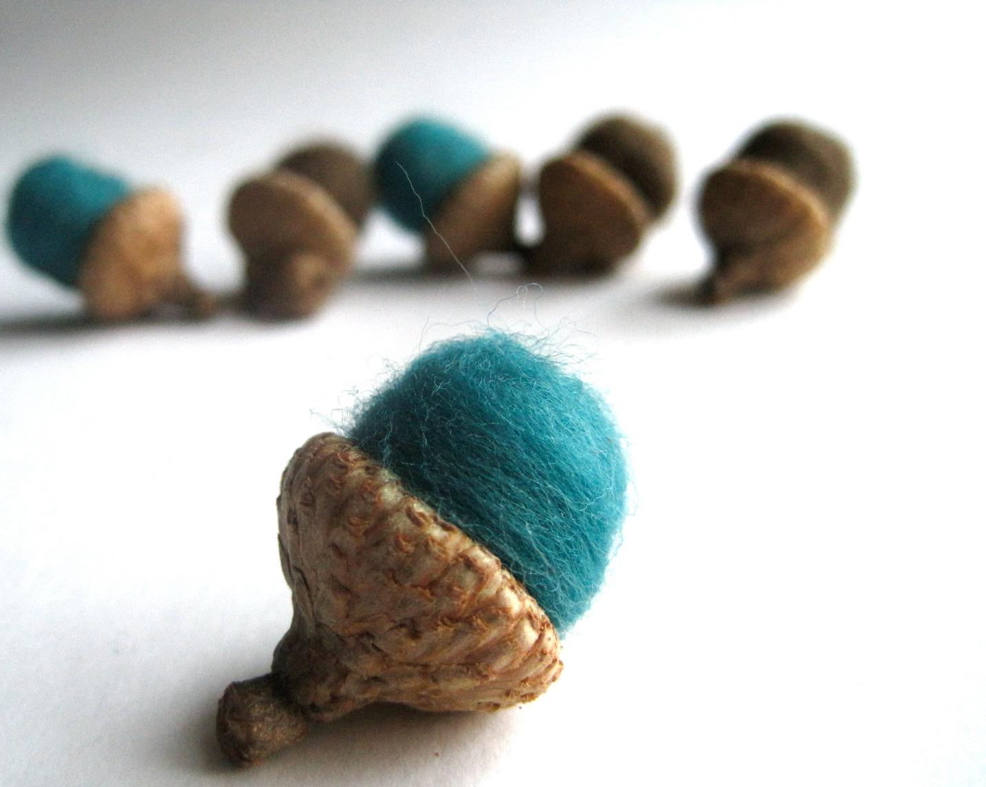 felted acorns in teal blue and rustic brown wool set of 12   woodland forest