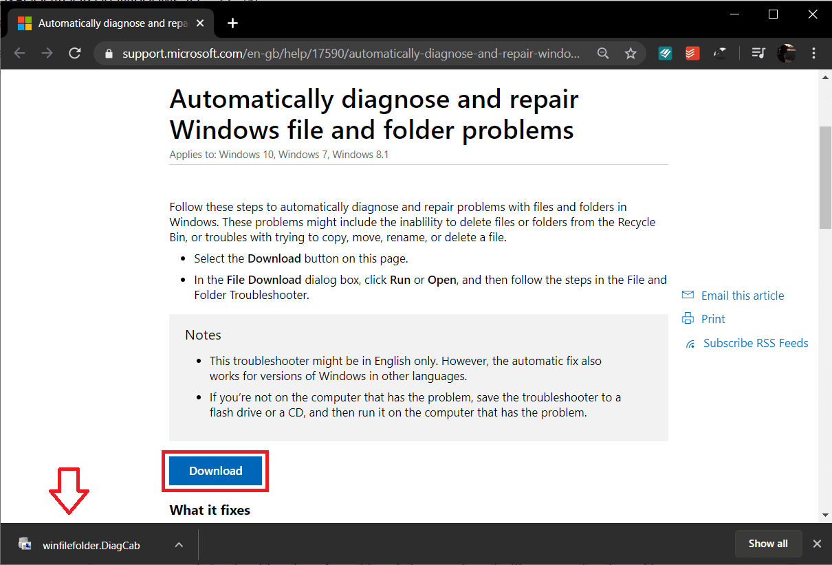 Haga clic en el archivo winfilefolder.DiagCab para ejecutar el Solucionador de problemas de archivos y carpetas