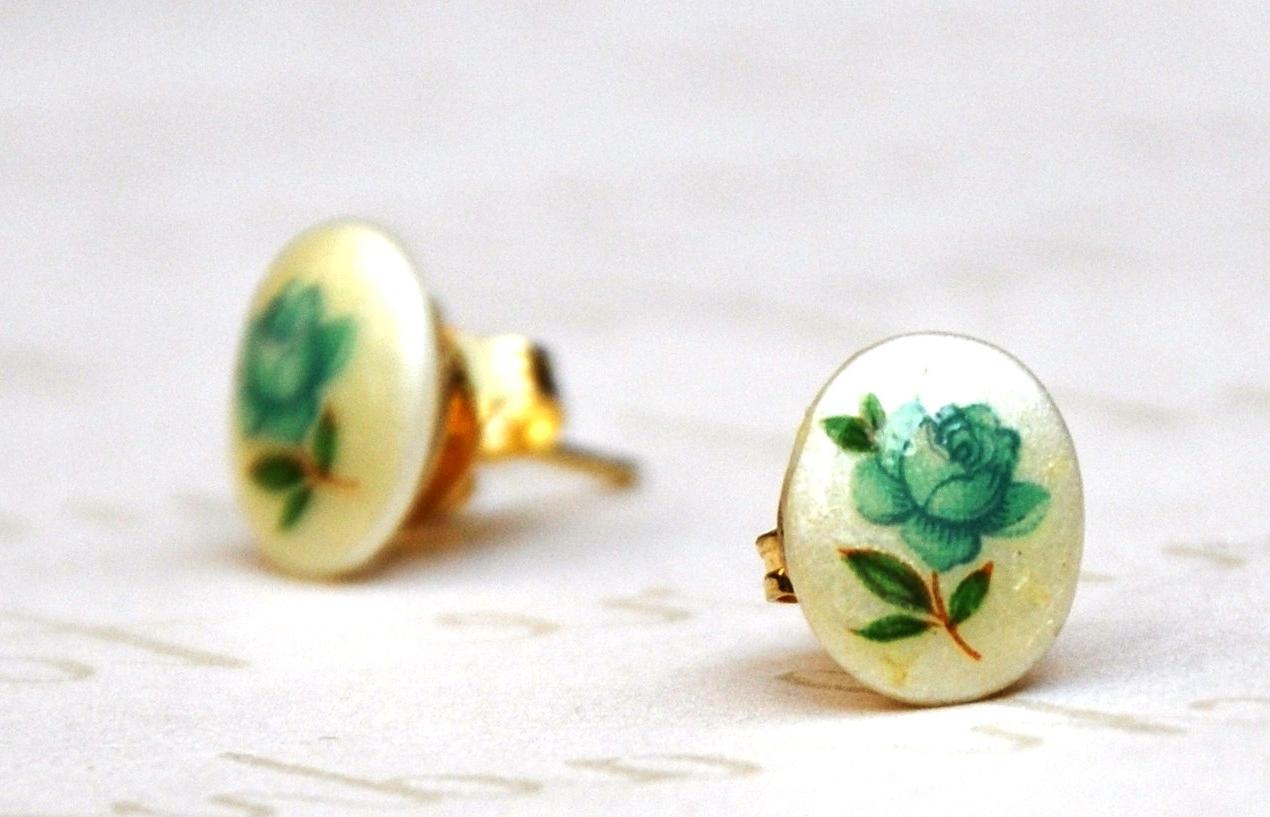 Vintage Pearly Porcelain with a Teal Blue Rose Studs Earrings