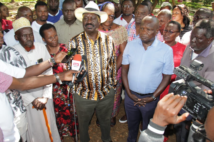 ODM leader Raila Odinga accompanied by Kisumu Central Mp Joshua Oron addressing the media in Kisumu on Sunday 27, November 2022.