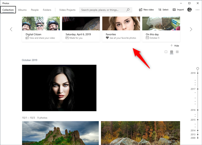 Certains des albums photo et vos photos préférées sont affichés en haut de la page Collection