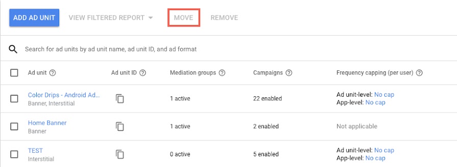 Interface da AdMob mostrando o botão "Mover" nos blocos de anúncios.