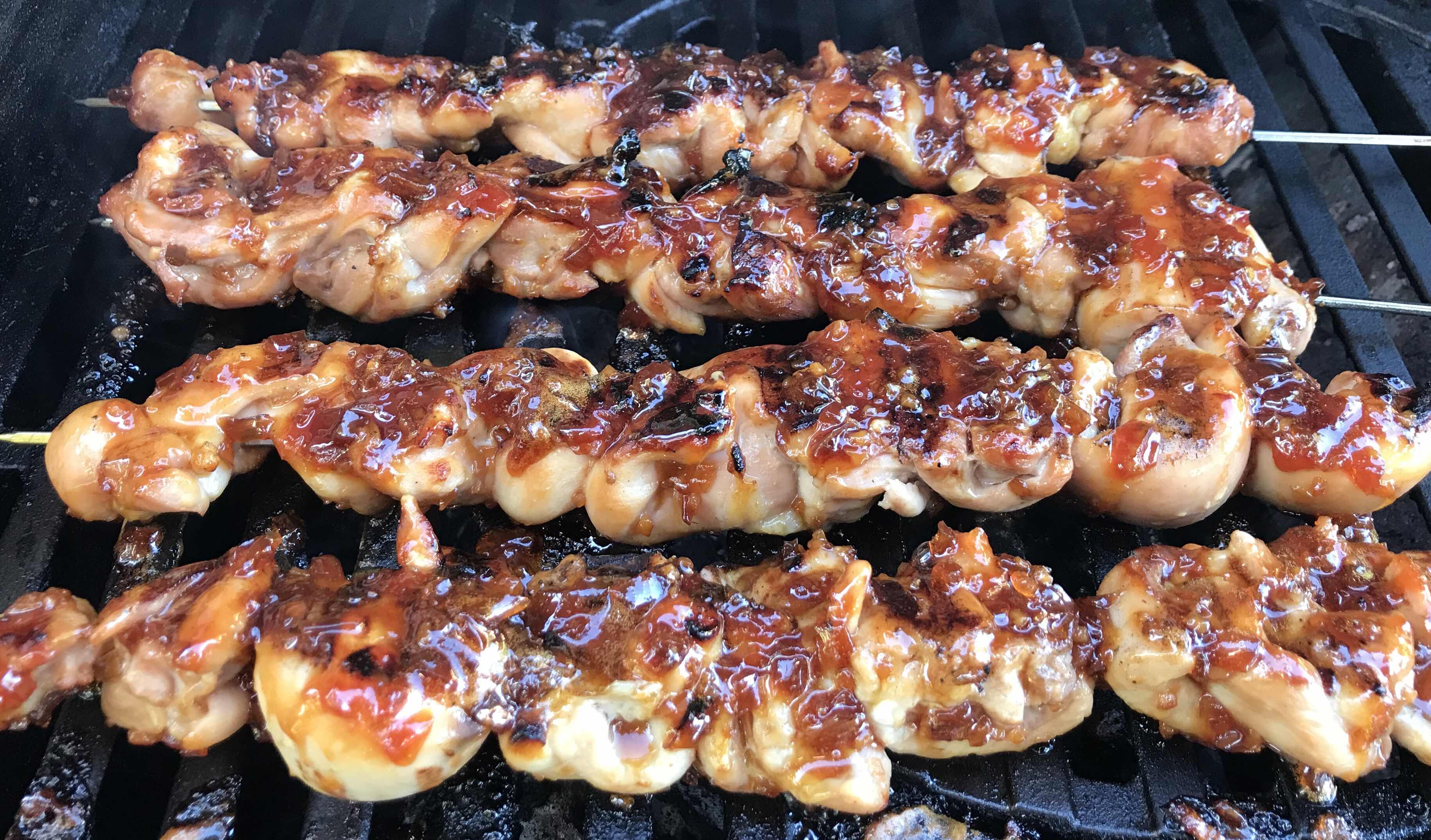 Crispy Caramel Chicken Skewers with glaze