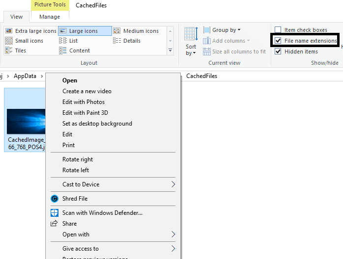 เปิดไดเรกทอรี CachedFiles ที่นี่คุณต้องคลิกขวาที่รูปภาพที่มีอยู่แล้วเปลี่ยนชื่อ