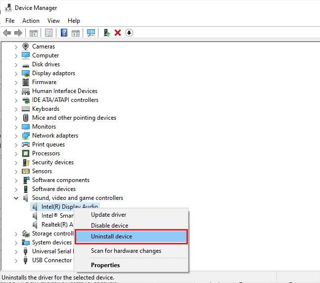 Fare clic con il pulsante destro del mouse sul dispositivo audio e selezionare Disinstalla dispositivo