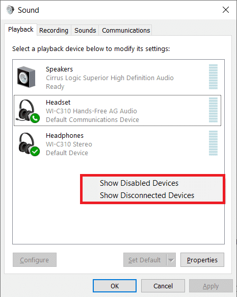 Seleccione las opciones Mostrar dispositivos deshabilitados y Mostrar dispositivos desconectados.