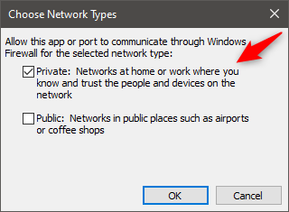 De netwerktypen kiezen waarop de app door de firewall is toegestaan