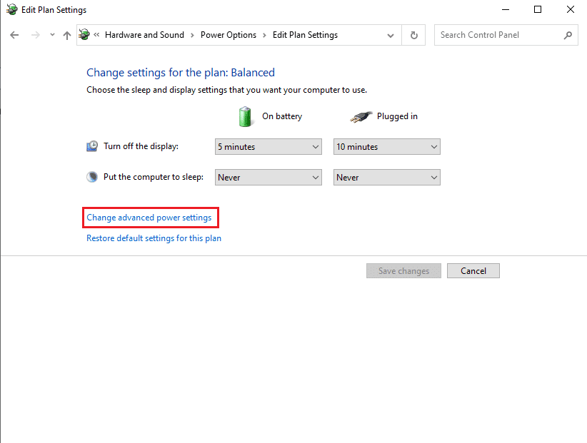 Haga clic en Cambiar la configuración avanzada de energía |  Arreglar la tartamudez de audio en Windows 10