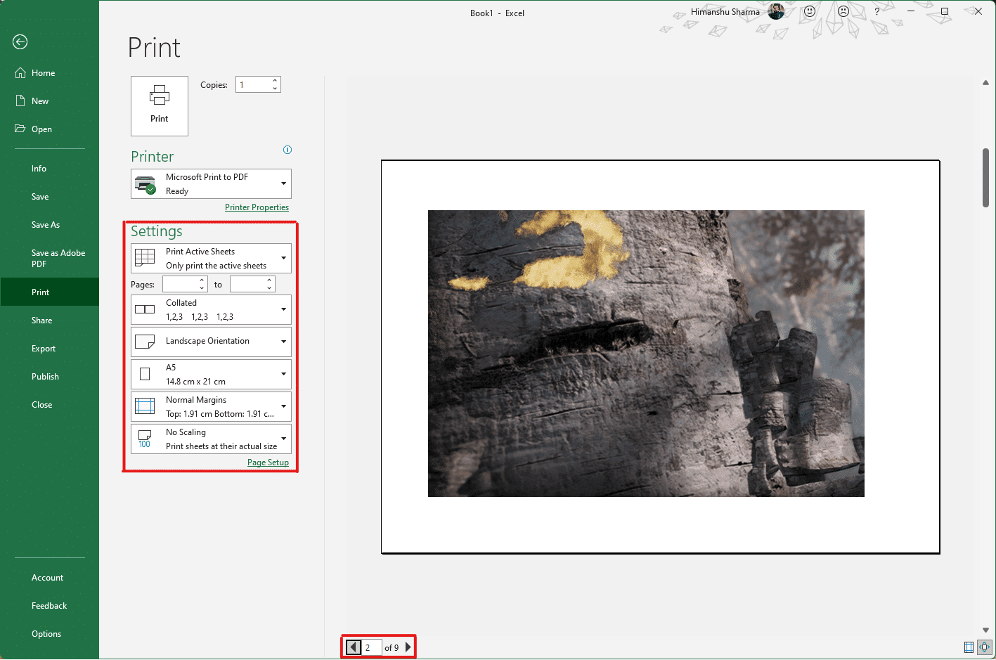 Fare clic sull'opzione Stampa e configurare la sezione Impostazioni in base alle preferenze dell'immagine di output.  Verifica il numero di pagine in cui la tua immagine verrà divisa in base alle dimensioni allungate e alle impostazioni effettuate.