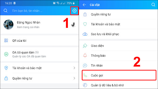 Nhấn vào Cài đặt và chọn Cuộc gọi