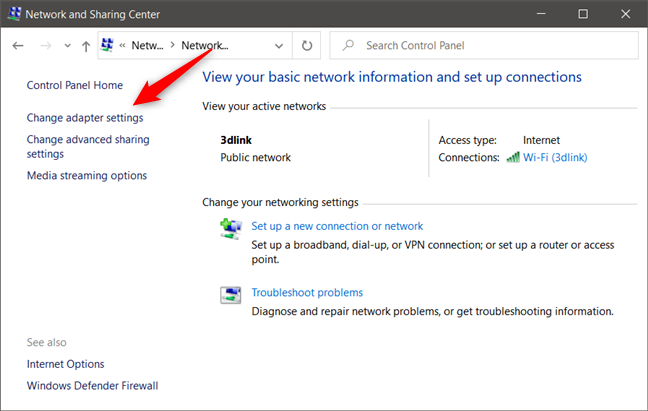 ลิงก์เปลี่ยนการตั้งค่าอแด็ปเตอร์จาก Network and Sharing Center