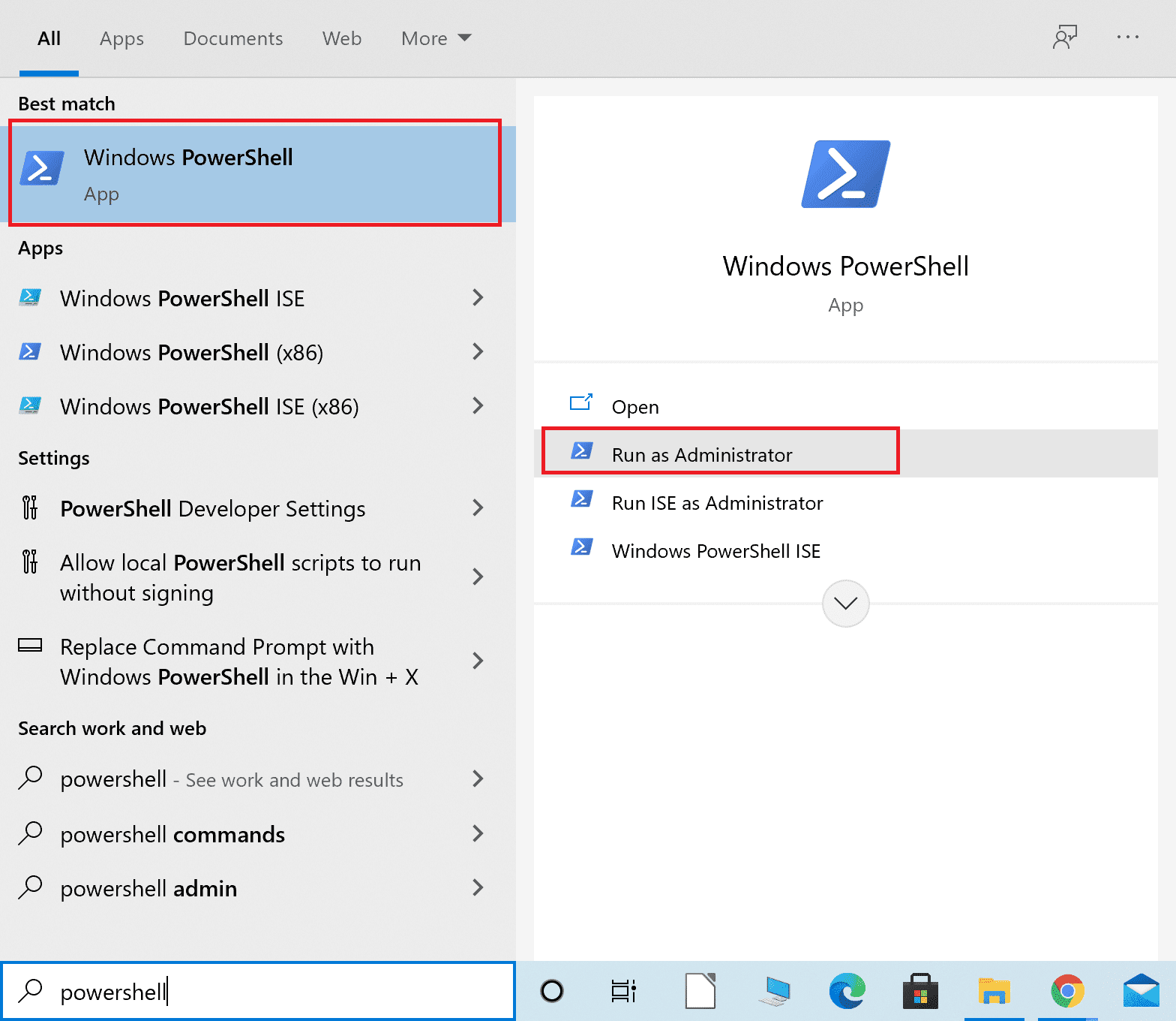 Nhập Powershell vào thanh tìm kiếm của Windows.  Chọn Chạy với tư cách Quản trị viên |  Khắc phục sự cố Miracast không hoạt động trên Windows 10