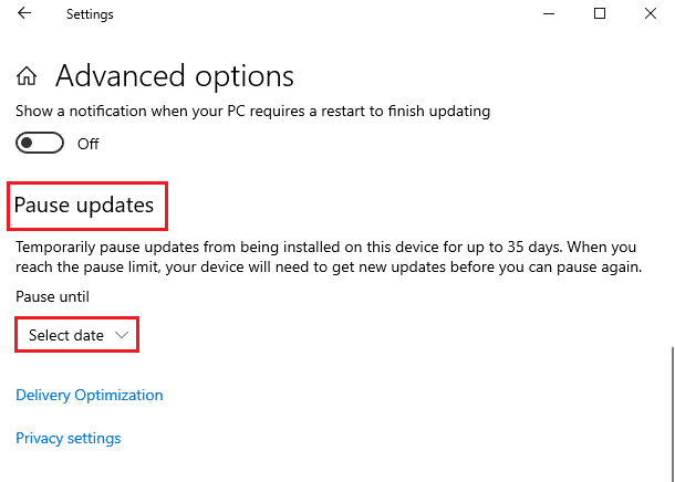 En la siguiente ventana, desplácese hacia abajo hasta la sección Pausar actualizaciones y haga clic en Seleccionar fecha
