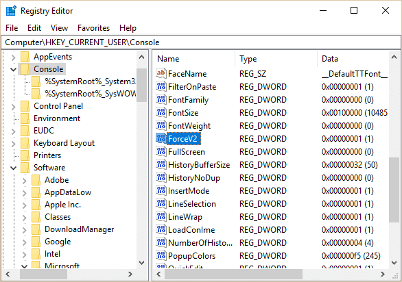 Selecteer Console en scrol in het rechterdeelvenster omlaag naar ForceV2 DWORD