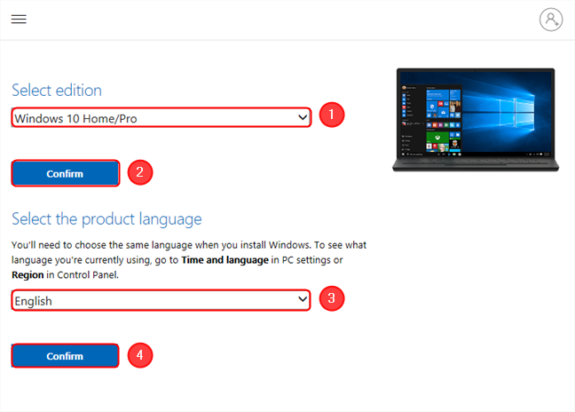 เลือกบิลด์และภาษาสำหรับอิมเมจ Windows