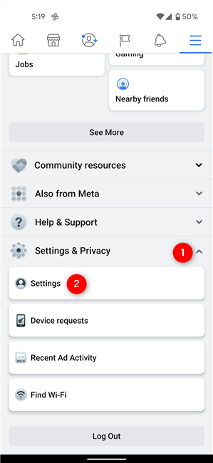 Toque Configuración en el menú Configuración y privacidad