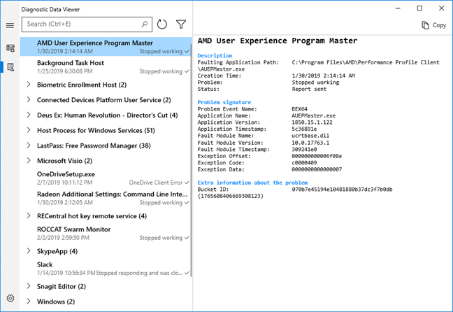 Probleemrapporten bekijken in Diagnostic Data Viewer