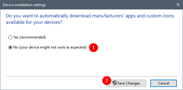 Scegliere di non consentire a Windows di scaricare automaticamente i driver