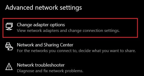 W zaawansowanych ustawieniach sieciowych kliknij zmień opcje adaptera