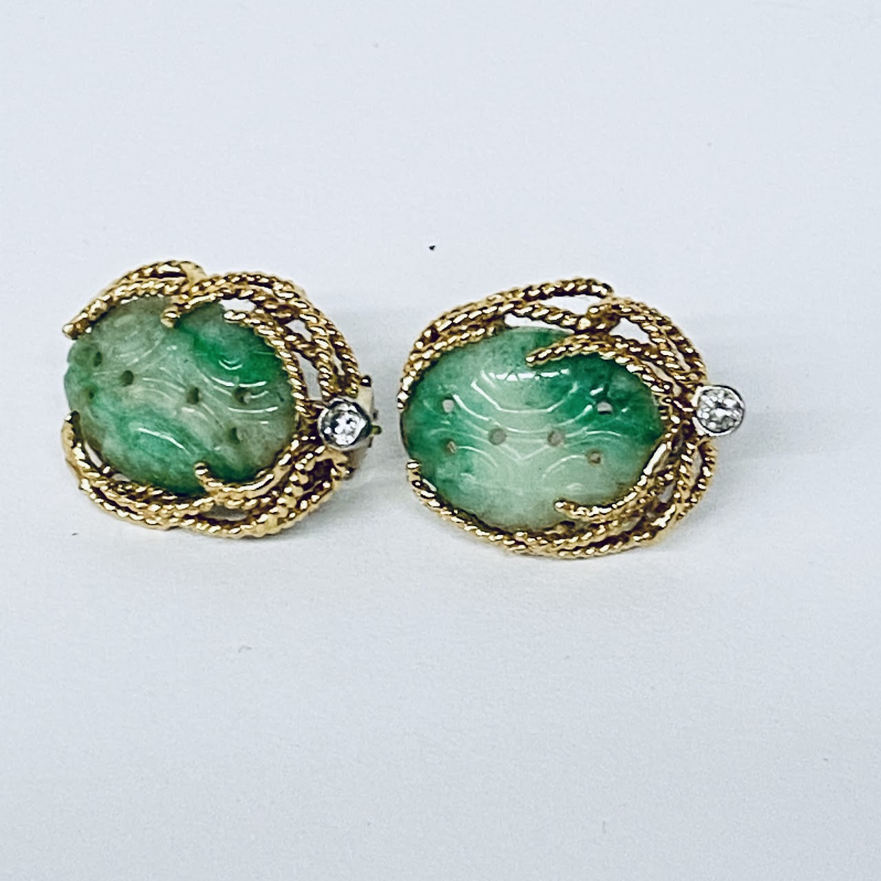 14K Gold, Diamond, and Jade Clip Earrings