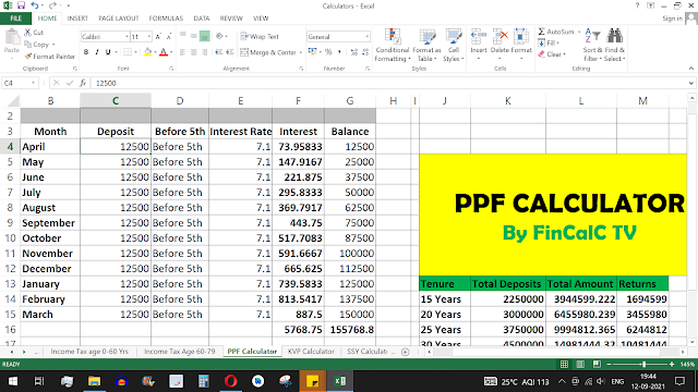 PPF Deposit Rs. 12,500 every month, Interest = Rs. 5,768