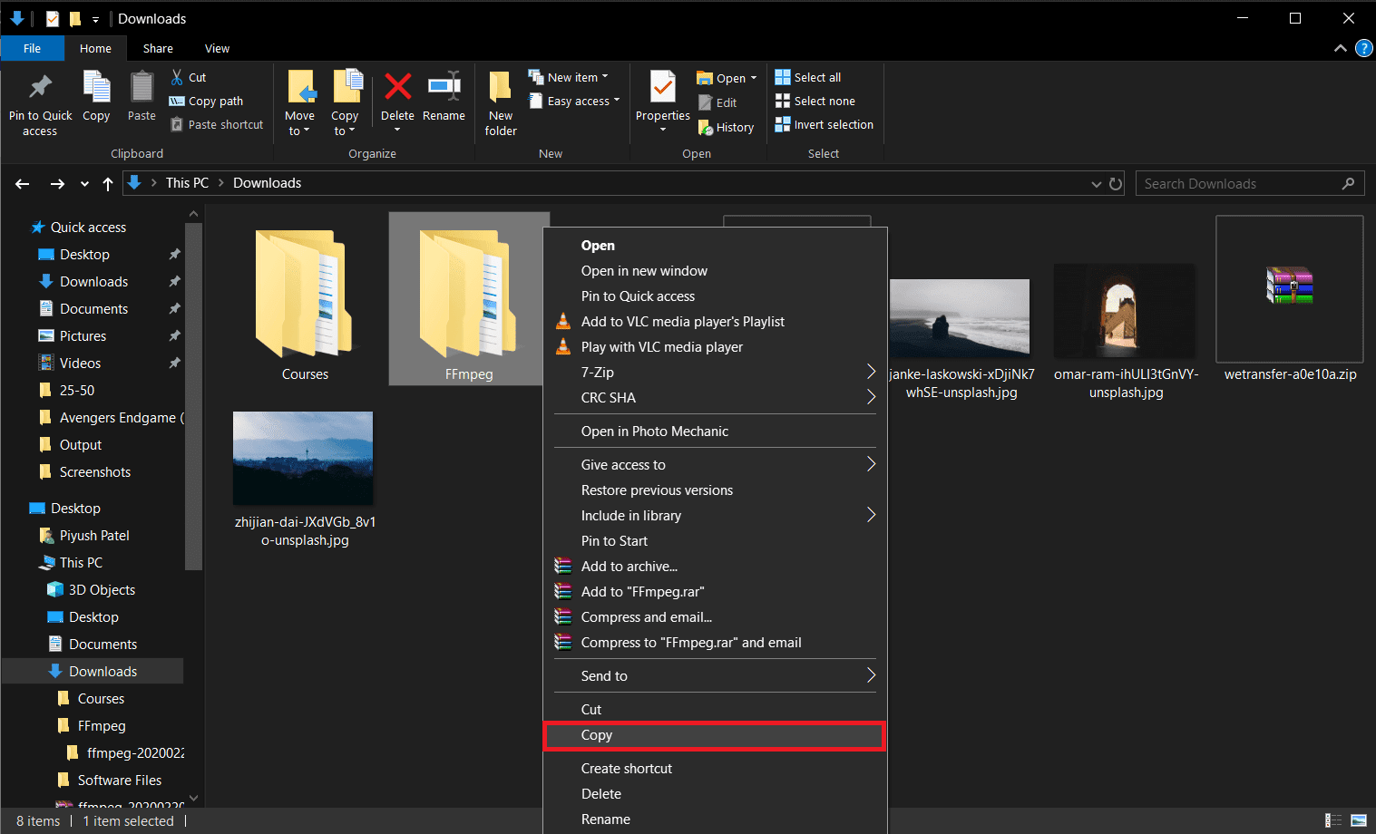 Haga clic derecho en la carpeta FFmpeg y seleccione Copiar