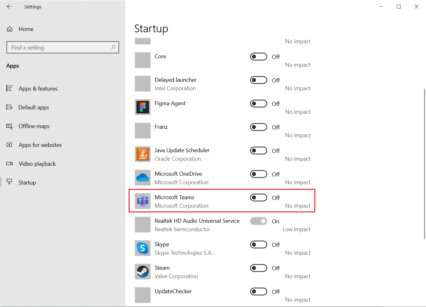 disattivare l'interruttore per Microsoft Teams in Impostazioni di avvio