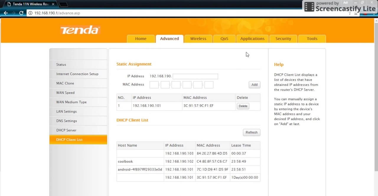 Toque la opción Lista de clientes DHCP y le proporcionará una lista de todos los dispositivos