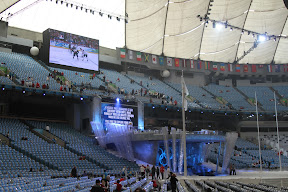 Watching the Canada vs. USA hockey game before the Closing Ceremony