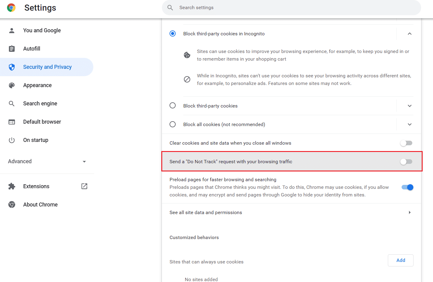 desactive enviar una solicitud de no seguimiento con su tráfico de navegación en Google Chrome Cookies de privacidad y otros datos del sitio