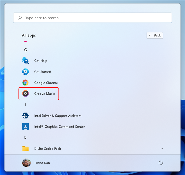 Ouvrez Groove Music à partir du menu Démarrer de Windows 11